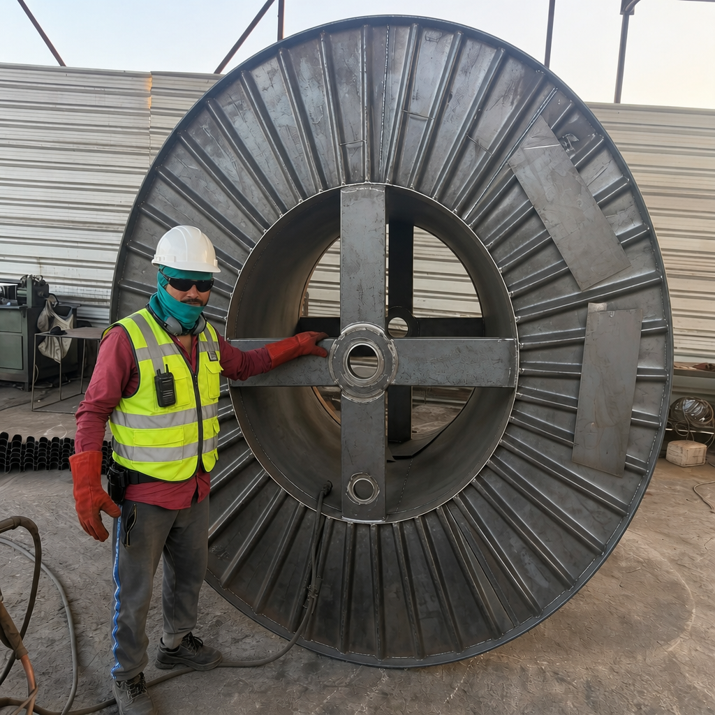 Steel cable drum under fabrication in the workshop